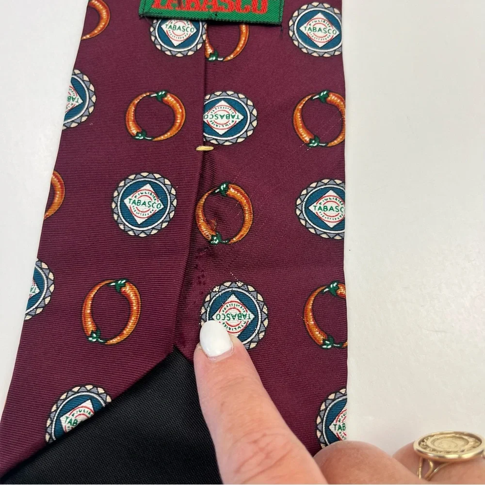 Tabasco Burgundy Red Novelty Patterned Tie 100% Silk USA Peppers Vintage *FLAWED